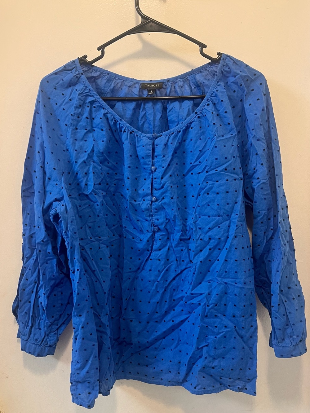 Talbots Cobalt Blue Swiss Dot Peasant Blouse